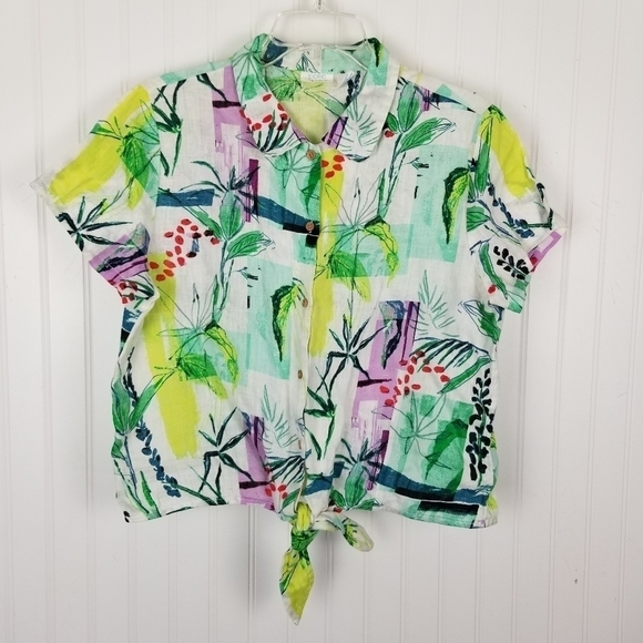Sigrid Olsen Linen Top Blouse Large Short Sleeve Button Tie Tropical Cropped - Picture 9 of 9